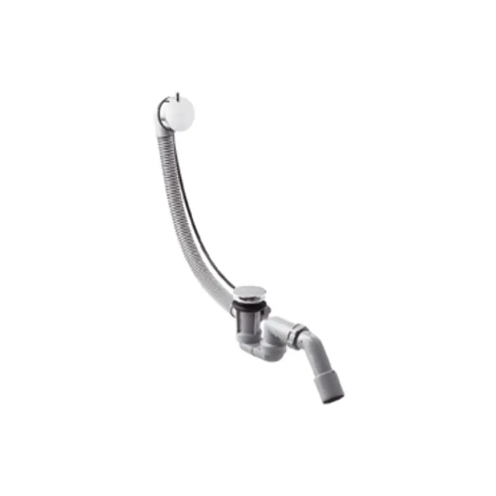 Ablaufgarnitur von Hansgrohe mit flexibler Verbindung und Überlauf, geeignet für Badewannen. Sichtbare Teile in Chrom-Optik.